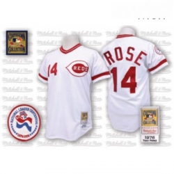 Mens Mitchell and Ness Cincinnati Reds 14 Pete Rose Replica White Throwback MLB Jersey