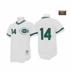 Mens Mitchell and Ness Cincinnati Reds 14 Pete Rose Replica WhiteGreen Patch Throwback MLB Jersey