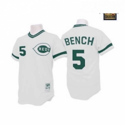 Mens Mitchell and Ness Cincinnati Reds 5 Johnny Bench Authentic WhiteGreen Patch Throwback MLB Jersey
