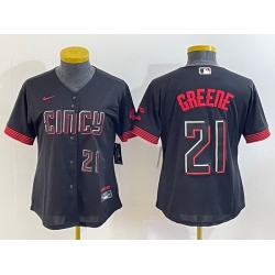 Women Cincinnati Reds 21 Hunter Greene Black 2023 City Connect With Patch Stitched Baseball Jersey