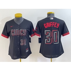 Women Cincinnati Reds 30 Ken Griffey Jr  Black 2023 City Connect With Patch Stitched Baseball Jersey