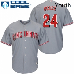 Youth Majestic Cincinnati Reds 24 Tony Perez Replica Grey Road Cool Base MLB Jersey