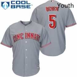 Youth Majestic Cincinnati Reds 5 Johnny Bench Replica Grey Road Cool Base MLB Jersey