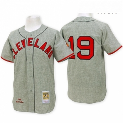 Mens Mitchell and Ness Cleveland Indians 19 Bob Feller Replica Grey Throwback MLB Jersey