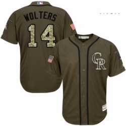 Mens Majestic Colorado Rockies 14 Tony Wolters Authentic Green Salute to Service MLB Jersey 