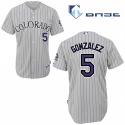 Mens Majestic Colorado Rockies 5 Carlos Gonzalez Authentic GreyBlue Strip Cool Base MLB Jersey