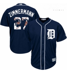Mens Majestic Detroit Tigers 27 Jordan Zimmermann Authentic Navy Blue Team Logo Fashion Cool Base MLB Jersey