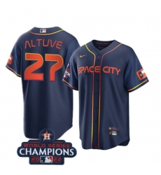 Men Houston Astros 27 Jose Altuve Navy 2022 World Series Champions City Connect Stitched Baseball Jersey