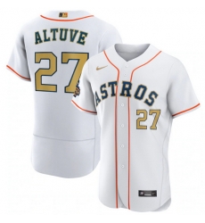 Men Houston Astros 27 Jose Altuve White 2023 Gold Collection With World Serise Champions Patch Stitched Baseball Jersey