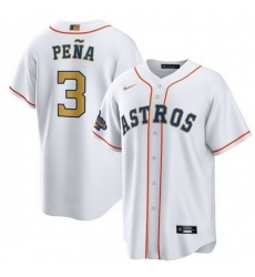 Men Houston Astros 3 Jeremy Pe F1a White 2023 Gold Collection With World Serise Champions Patch Cool Base Stitched Baseball Jersey