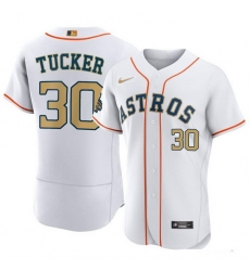 Men Houston Astros 30 Kyle Tucker White 2023 Gold Collection With World Serise Champions Patch Stitched Baseball Jersey