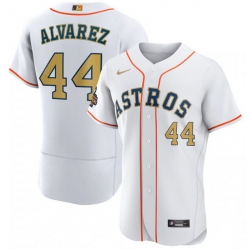 Men Houston Astros 44 Yordan Alvarez White 2023 Gold Collection With World Serise Champions Patch Stitched Baseball Jersey