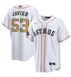 Men Houston Astros 53 Cristian Javier White 2023 Gold Collection With World Serise Champions Patch Cool Base Stitched Baseball Jersey
