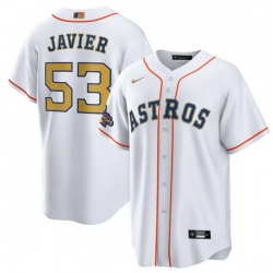 Men Houston Astros 53 Cristian Javier White 2023 Gold Collection With World Serise Champions Patch Cool Base Stitched Baseball Jersey