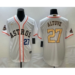 Men's Houston Astros #27 Jose Altuve Number 2023 White Gold World Serise Champions Patch Cool Base Stitched Jersey