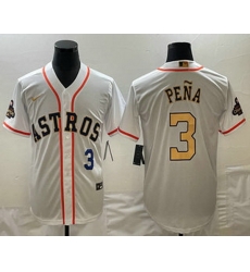 Mens Houston Astros #3 Jeremy Pena 2023 White Gold World Serise Champions Patch Cool Base Stitched Jersey