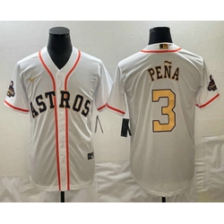 Men's Houston Astros #3 Jeremy Pena 2023 White Gold World Serise Champions Patch Cool Base Stitched Jersey