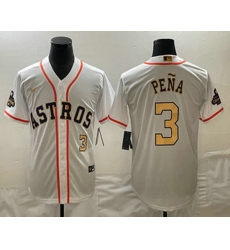 Men's Houston Astros #3 Jeremy Pena 2023 White Gold World Serise Champions Patch Cool Base Stitched Jersey1