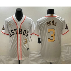 Men's Houston Astros #3 Jeremy Pena 2023 White Gold World Serise Champions Patch Cool Base Stitched Jersey1