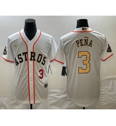 Men's Houston Astros #3 Jeremy Pena 2023 White Gold World Serise Champions Patch Cool Base Stitched Jerseys
