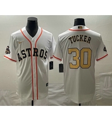 Men's Houston Astros #30 Kyle Tucker 2023 White Gold World Serise Champions Patch Cool Base Stitched Jersey