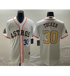 Men's Houston Astros #30 Kyle Tucker Number 2023 White Gold World Serise Champions Patch Cool Base Stitched Jersey