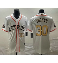 Men's Houston Astros #30 Kyle Tucker Number 2023 White Gold World Serise Champions Patch Cool Base Stitched Jersey1