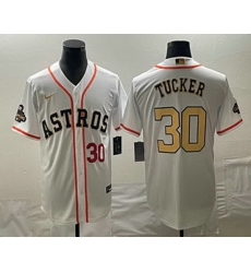 Men's Houston Astros #30 Kyle Tucker Number 2023 White Gold World Serise Champions Patch Cool Base Stitched Jerseys