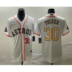 Men's Houston Astros #30 Kyle Tucker Number 2023 White Gold World Serise Champions Patch Cool Base Stitched Jerseys