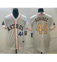 Mens Houston Astros #44 Yordan Alvarez Number 2023 White Gold World Serise Champions Patch Cool Base Stitched Jersey