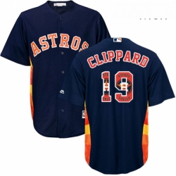Mens Majestic Houston Astros 19 Tyler Clippard Authentic Navy Blue Team Logo Fashion Cool Base MLB Jersey 