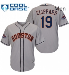 Mens Majestic Houston Astros 19 Tyler Clippard Replica Grey Road 2017 World Series Champions Cool Base MLB Jersey 