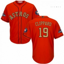 Mens Majestic Houston Astros 19 Tyler Clippard Replica Orange Alternate 2018 Gold Program Cool Base MLB Jersey 