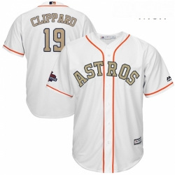 Mens Majestic Houston Astros 19 Tyler Clippard Replica White 2018 Gold Program Cool Base MLB Jersey 