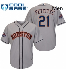 Mens Majestic Houston Astros 21 Andy Pettitte Replica Grey Road 2017 World Series Champions Cool Base MLB Jersey