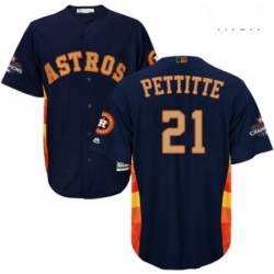 Mens Majestic Houston Astros 21 Andy Pettitte Replica Navy Blue Alternate 2018 Gold Program Cool Base MLB Jersey