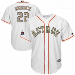Mens Majestic Houston Astros 22 Josh Reddick Replica White 2018 Gold Program Cool Base MLB Jersey