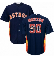Mens Majestic Houston Astros 50 Charlie Morton Authentic Navy Blue Team Logo Fashion Cool Base MLB Jersey 