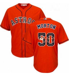 Mens Majestic Houston Astros 50 Charlie Morton Authentic Orange Team Logo Fashion Cool Base MLB Jersey 