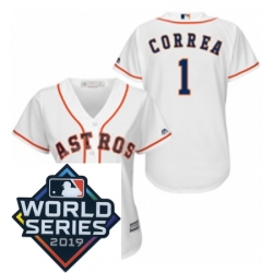 Womens Majestic Houston Astros 1 Carlos Correa White Home Cool Base Sitched 2019 World Series Patch Jersey