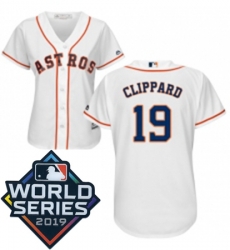 Womens Majestic Houston Astros 19 Tyler Clippard White Home Cool Base Sitched 2019 World Series Patch jersey