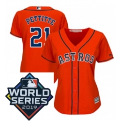 Womens Majestic Houston Astros 21 Andy Pettitte Orange Alternate Cool Base Sitched 2019 World Series Patch Jersey
