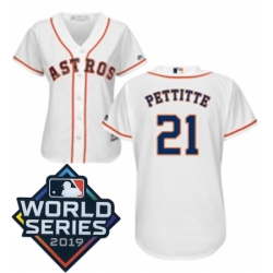 Womens Majestic Houston Astros 21 Andy Pettitte White Home Cool Base Sitched 2019 World Series Patch Jersey