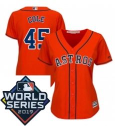 Womens Majestic Houston Astros 45 Gerrit Cole Orange Alternate Cool Base Sitched 2019 World Series Patch jersey