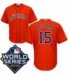Youth Majestic Houston Astros 15 Carlos Beltran Orange Alternate Cool Base Sitched 2019 World Series Patch Jersey