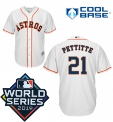 Youth Majestic Houston Astros 21 Andy Pettitte White Home Cool Base Sitched 2019 World Series Patch Jersey
