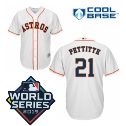 Youth Majestic Houston Astros 21 Andy Pettitte White Home Cool Base Sitched 2019 World Series Patch Jersey