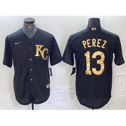 Men Kansas City Royals 13 Salvador Perez Black Gold Cool Base Stitched Jersey