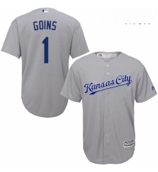 Mens Majestic Kansas City Royals 1 Ryan Goins Replica Grey Road Cool Base MLB Jersey 