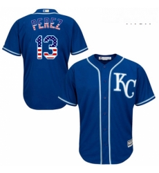 Mens Majestic Kansas City Royals 13 Salvador Perez Authentic Royal Blue USA Flag Fashion MLB Jersey
